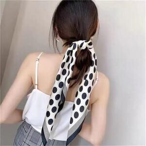 Black and White Silk Feeling Polka Dot Square Scarf 27.5” Satin Retro